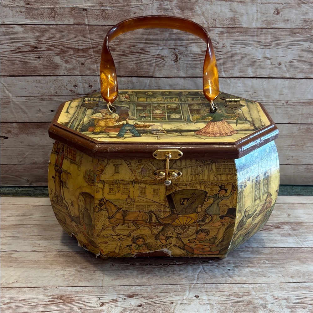 Vintage Anton Pieck Wooden Decoupage  Handbag with Artistic Victorian Print